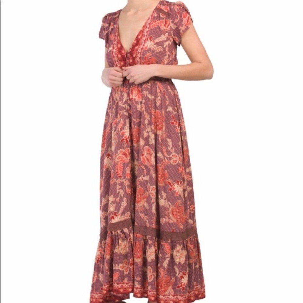 Jaase Short Sleeve Button Front Boho Maxi Small